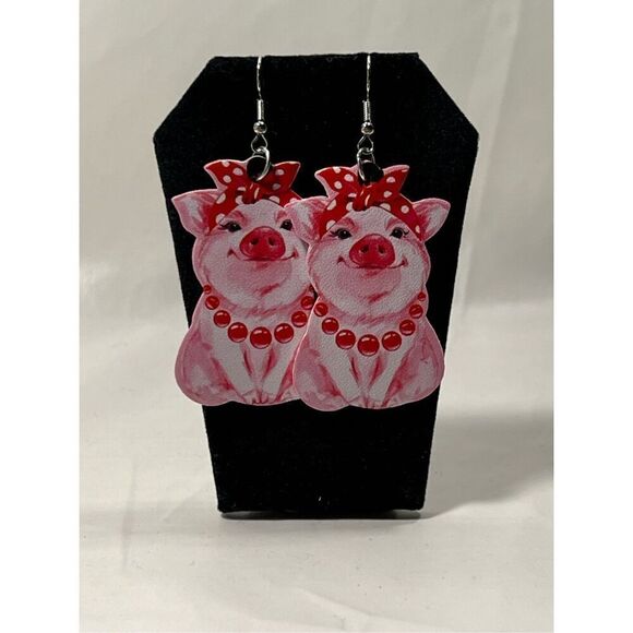 Pink Piggy Leather Inspired Silver Colored Fish Hook Stud Earring - Picture 1 of 3